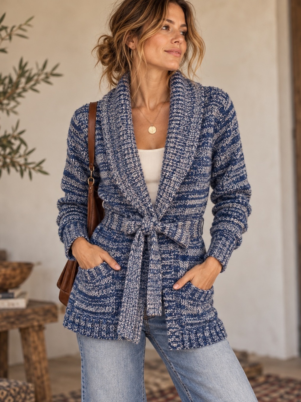 Vintage Junior Bazaar Blue Marled Belted Shawl Collar Cardigan